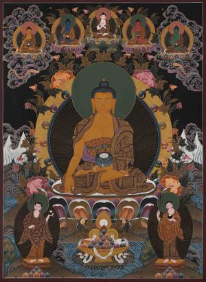 Original Shakyamuni Buddha Thangka with Five Buddhas at the Top | Tibetan Buddhism